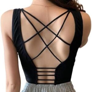 Seamless Padded Strappy Yoga Crop Workout Spirts Bra Top Black